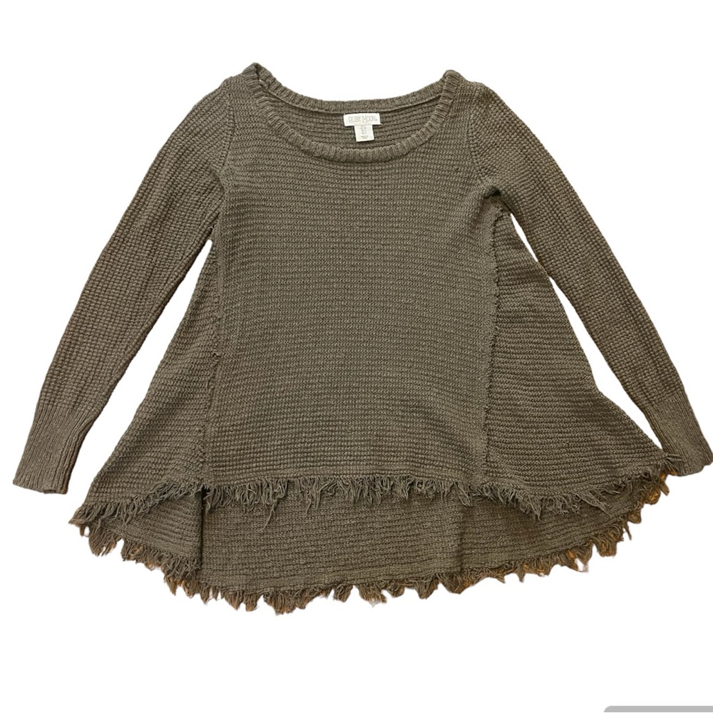 Ruby Moon Olive Green Knit Thick Long Sleeve Top with Frayed Hem Size Small